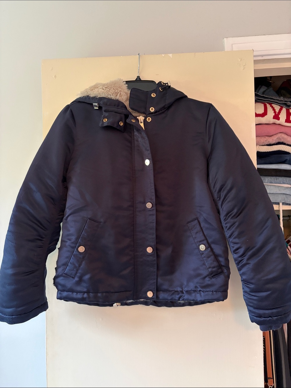 Topshop Navy Puffer Jacket with Faux Fur Trim